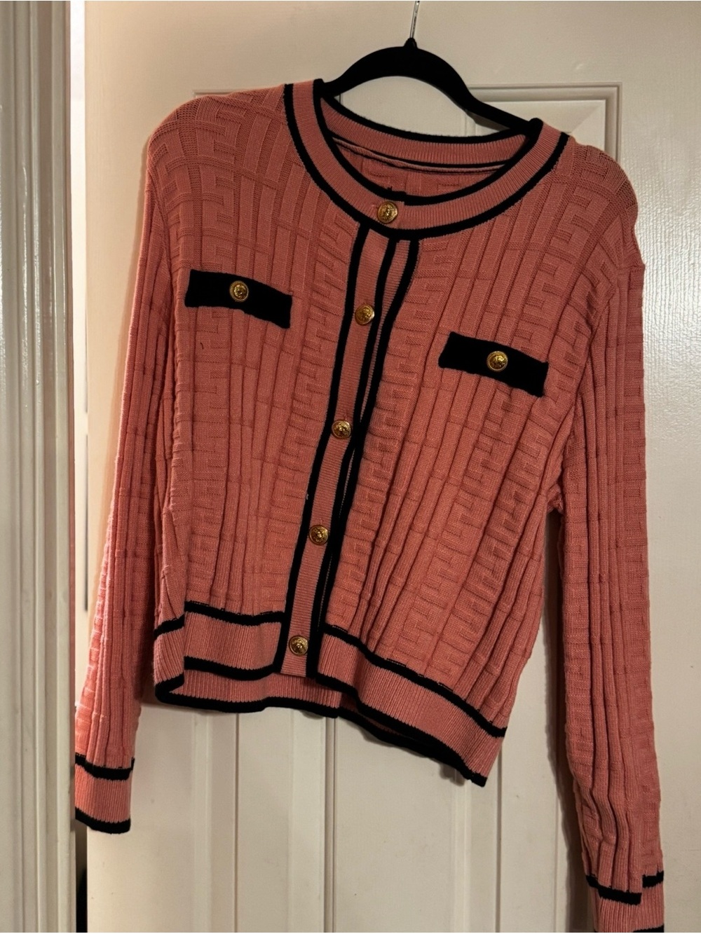 SHEIN Pink Knit Cardigan with Black Trim and Gold Buttons